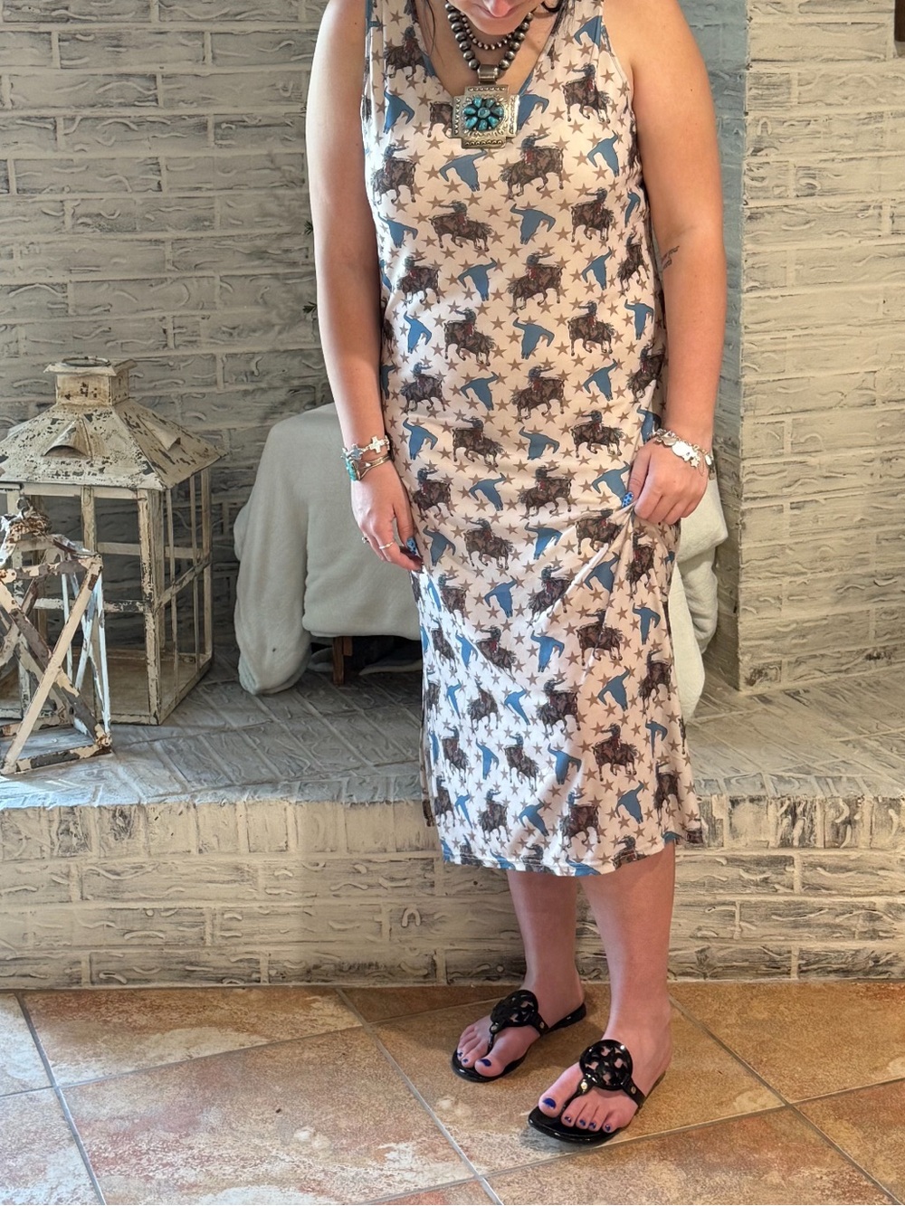Sleeveless Beige Star & Horse Print Midi Dress